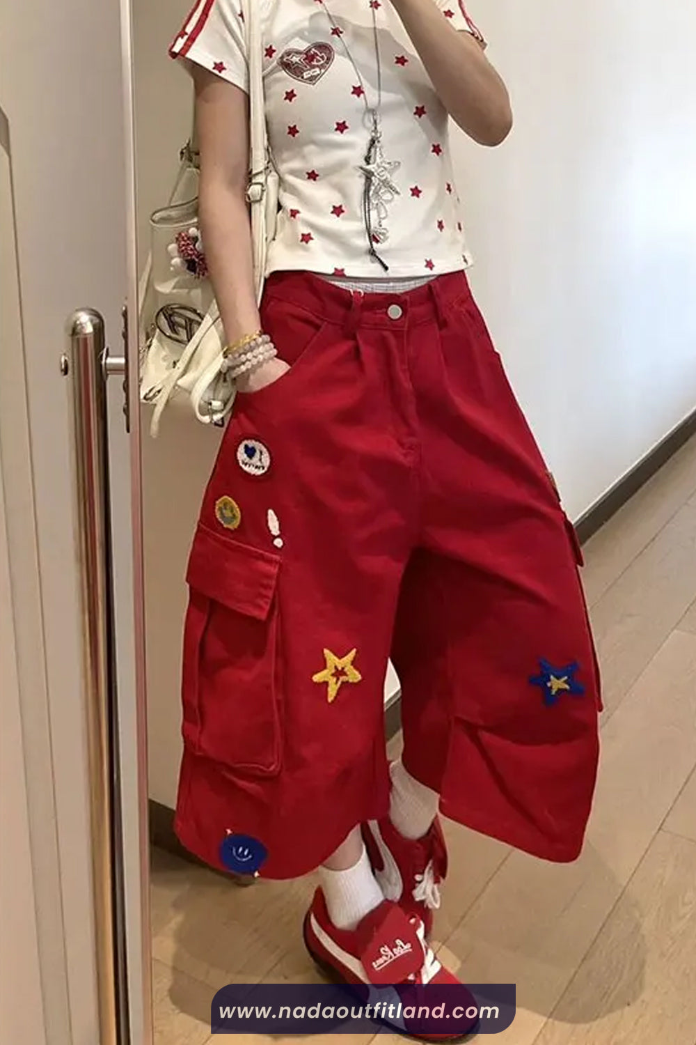 Cute Pattern Calf Length Vintage Cargo Pockets Pants