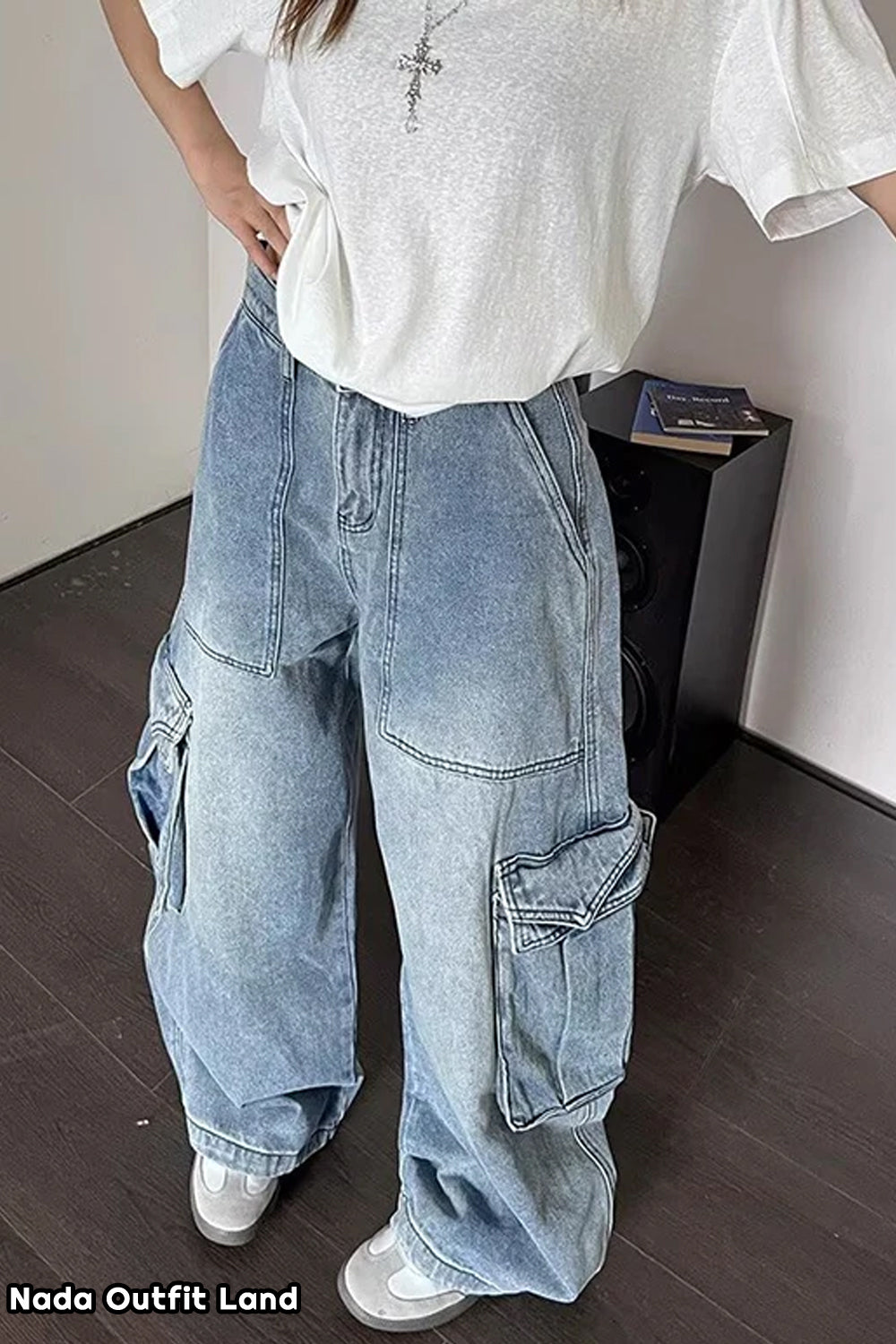 High Waist Retro Cargo Pockets Women Jeans Pants