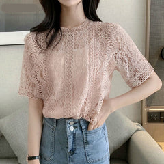 Lace Hollow Out O-Neck Retro Shirt
