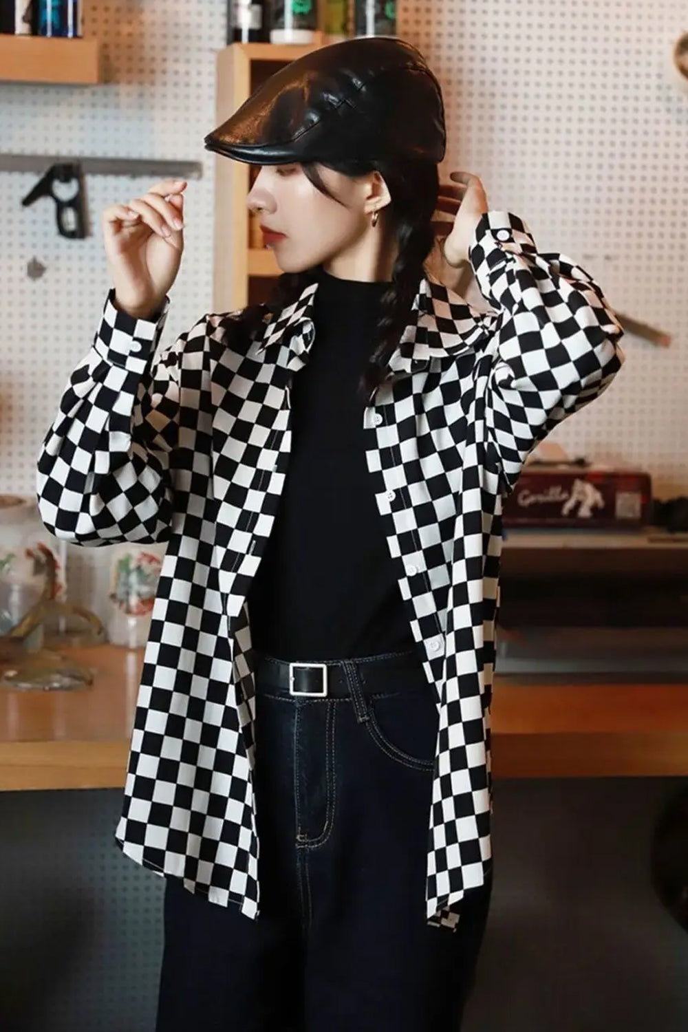 Long Sleeve Checkered Pattern Casual Blouse Shirt