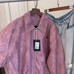 Loose Lapel Collar Pink Matte Zipper Jacket