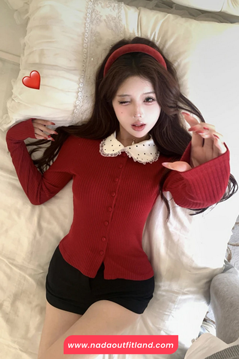 Long Sleeve Polka Dot Collar Red Cardigan Sweater
