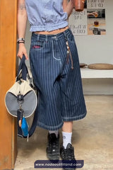 Loose Calf Length Blue Striped Jeans Pants