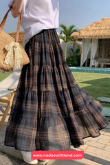 High Waist Summer Plaid Elegant Long Chiffon Skirts