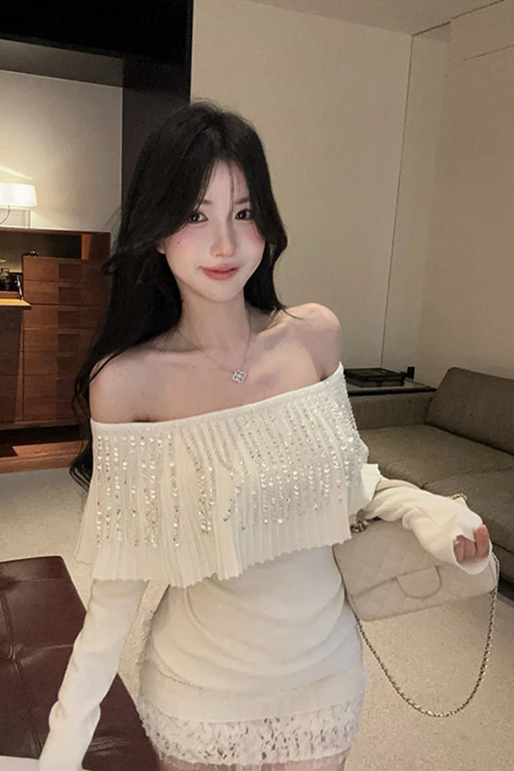Sexy Off Shoulder Sequins Knitted Elegant Sweater