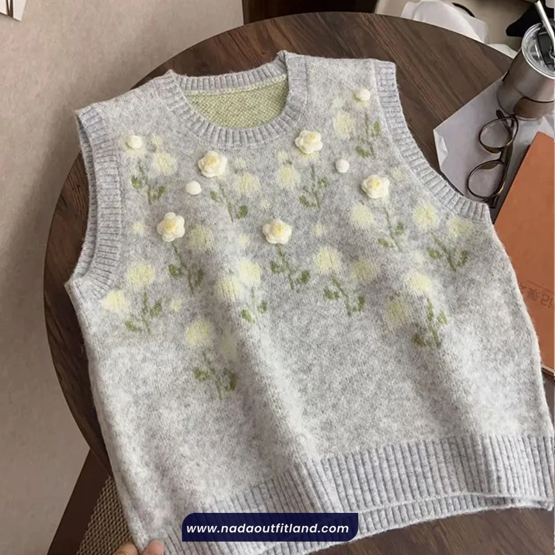 3D Floral Sleeveless O-Neck Vest Sweater