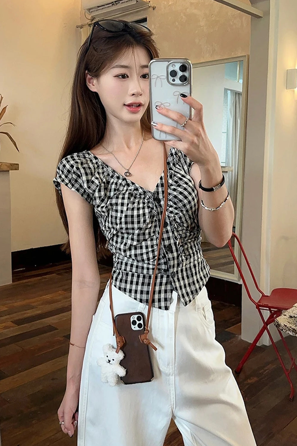 Short Sleeve Sexy V-Neck Plaid Slim Blouse Shirt