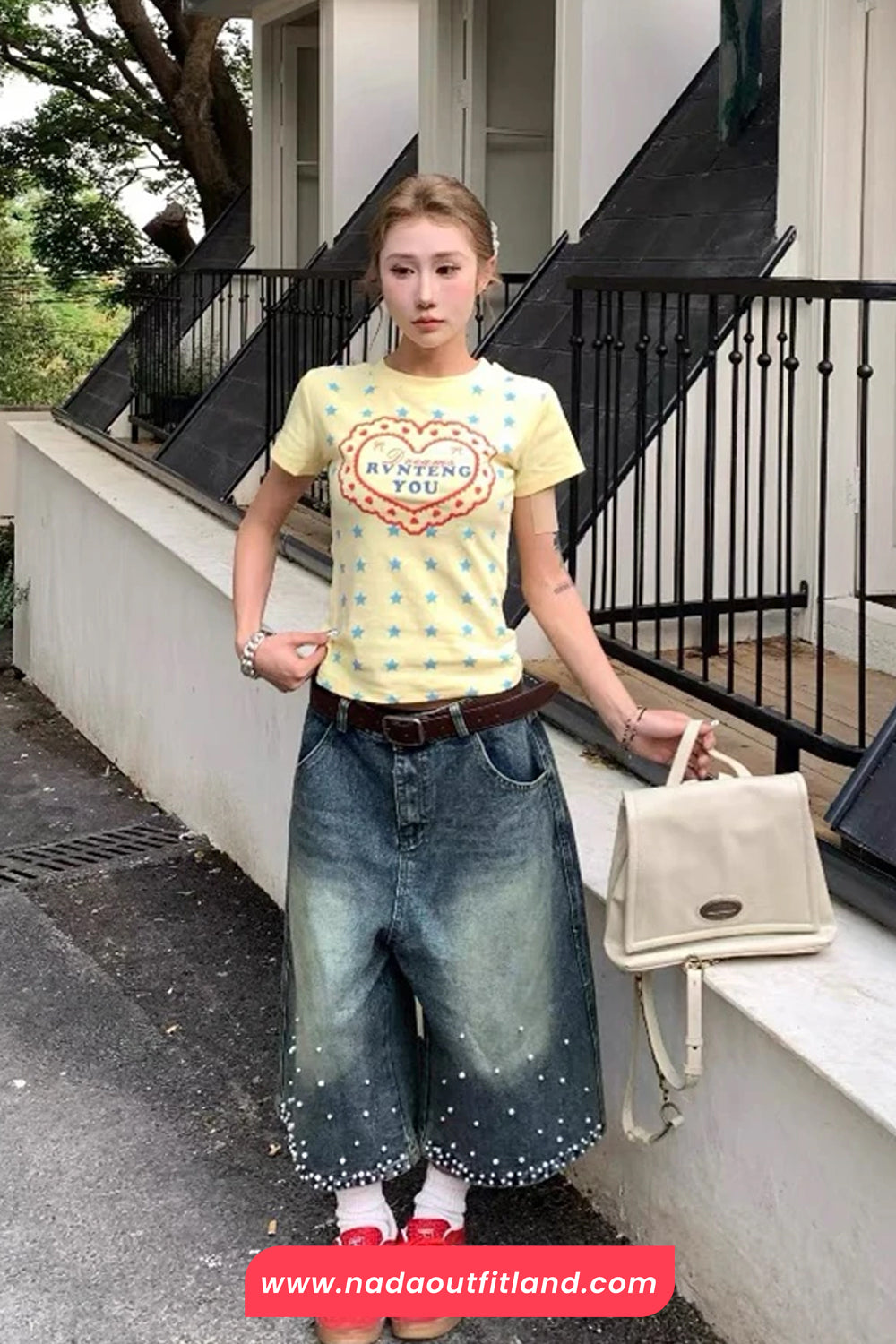 High Waist Knee Length Pearls Beading Jeans Pants