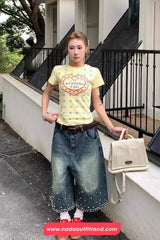High Waist Knee Length Pearls Beading Jeans Pants