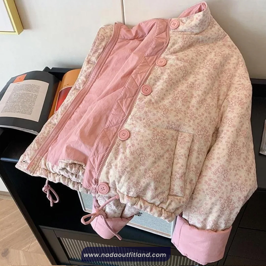 Stand Collar Floral Pattern Thick Warm Jacket