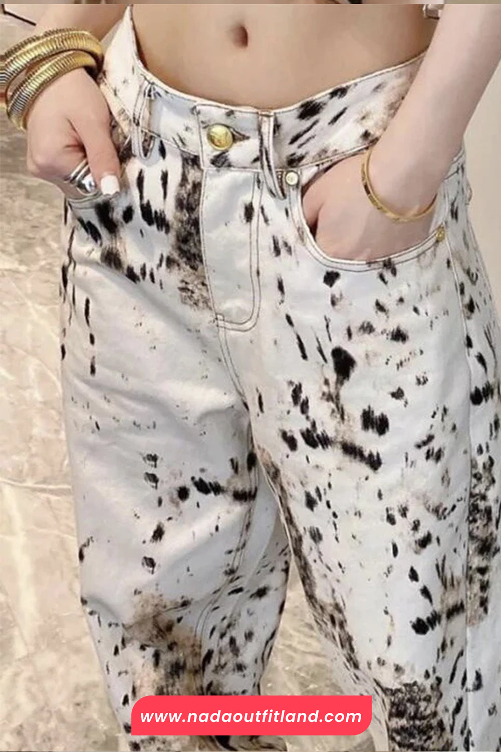 Leopard Printed Casual Beige Jeans Pants