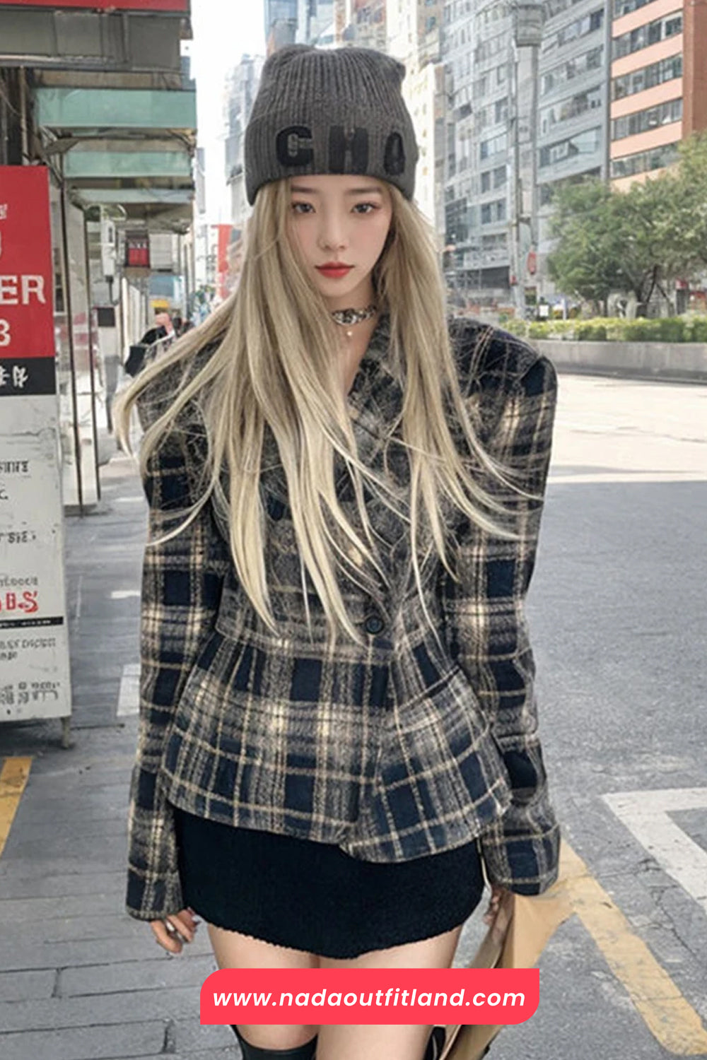 Long Sleeve Retro Plaid Pattern Woolen Blazers Jacket
