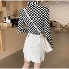 Long Sleeve Turtleneck Checkerboard Plaid Stretchy Shirt
