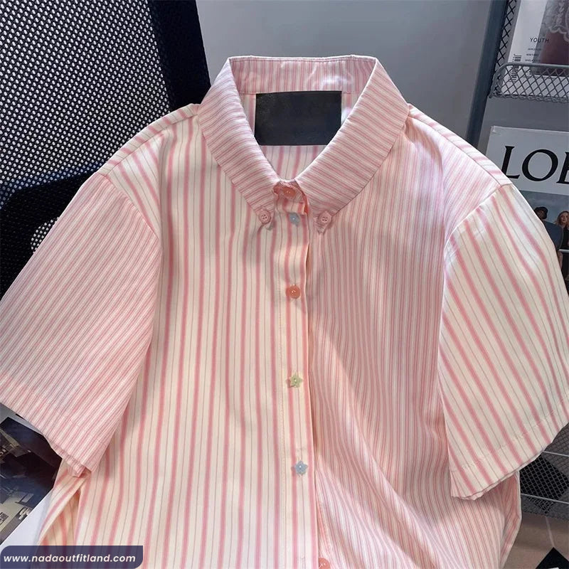 Short Sleeve Stars Button Pink Striped Blouse Shirt