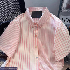 Short Sleeve Stars Button Pink Striped Blouse Shirt