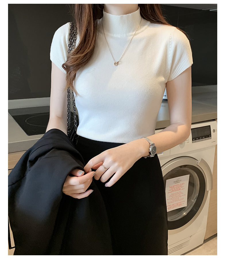 High Neck Knitted Slim Blouse Shirt