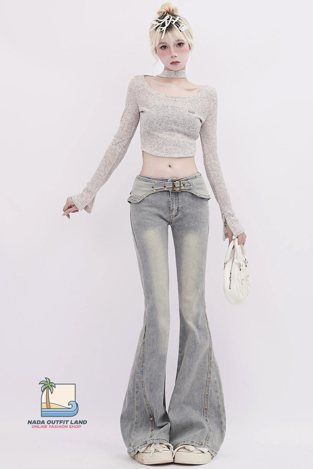 High Waist Rivet Slim Flare Grey Denim Pants