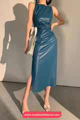 Soft Faux Leather Slim Fit Long Dress