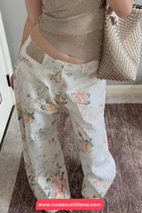 High Waist Front Pockets Floral Pattern White Jeans Pants