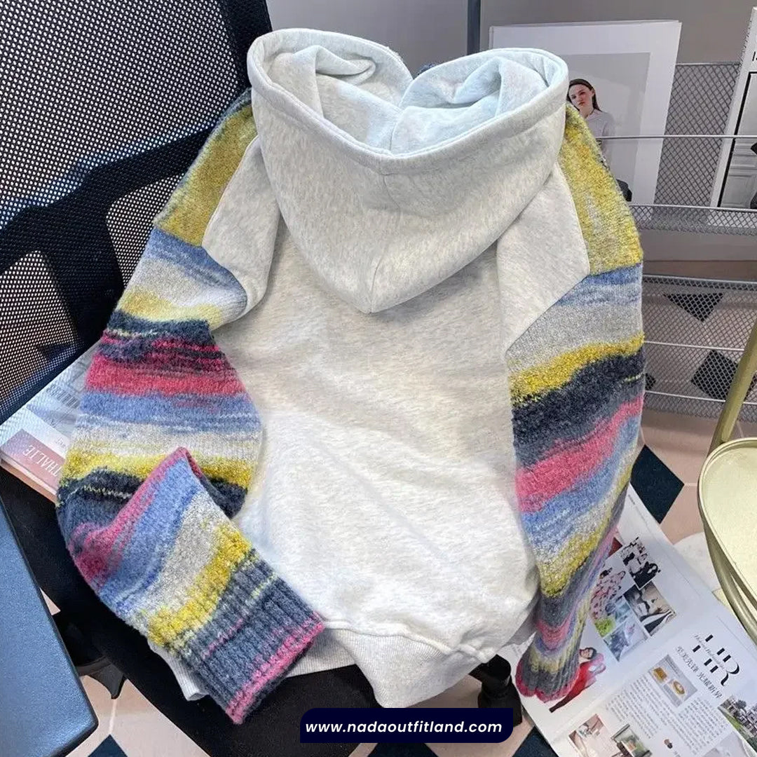 Loose Hooded Striped Rhinestone Sequined Sweatshirt