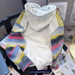 Loose Hooded Striped Rhinestone Sequined Sweatshirt