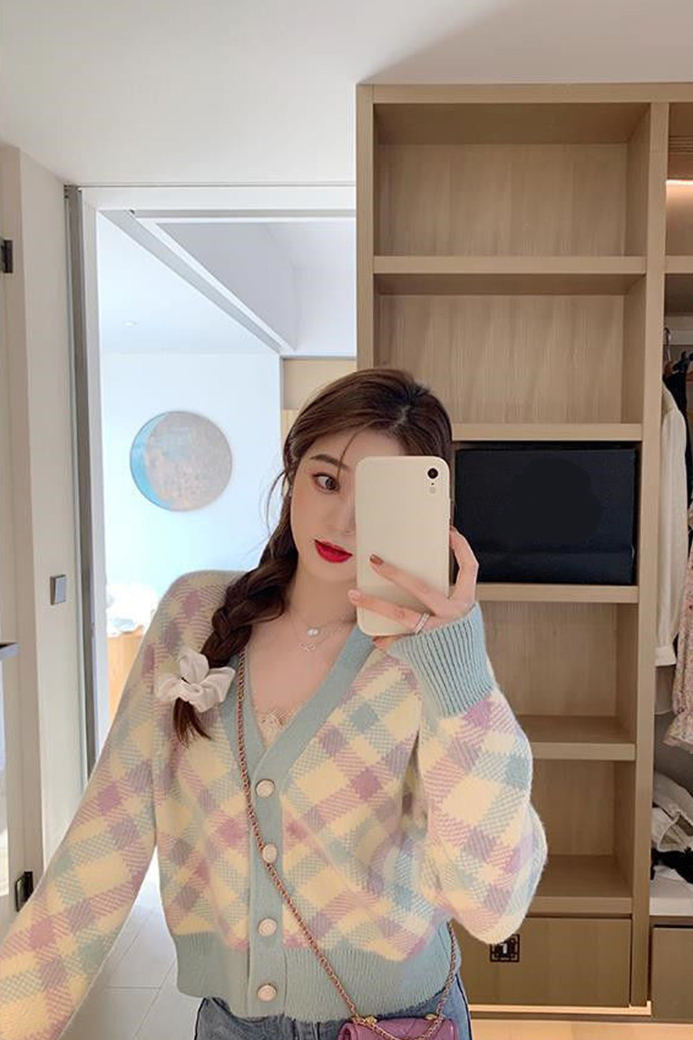Long Sleeve Cute Argyle Pattern Knitted Cardigan Sweater