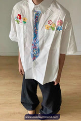 Short Sleeve Floral Embroidered With Tie Graphic Printed Blouse Shirt