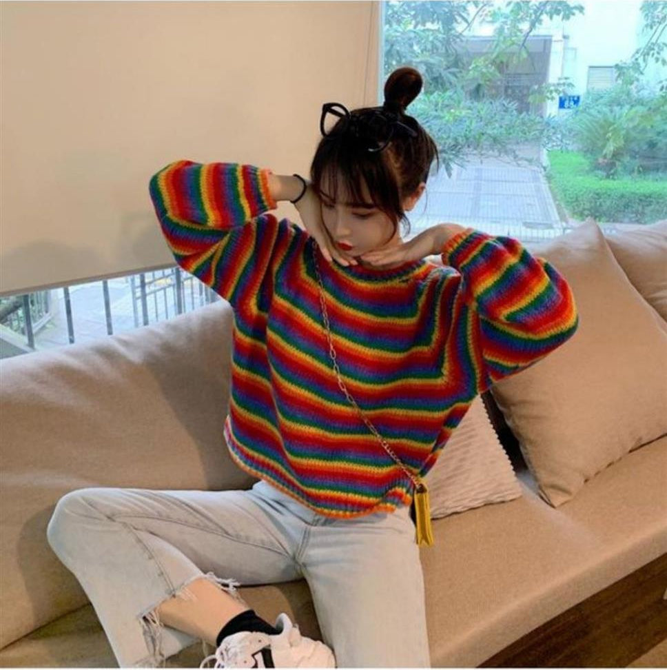 Rainbow Striped Casual Cropped Sweater