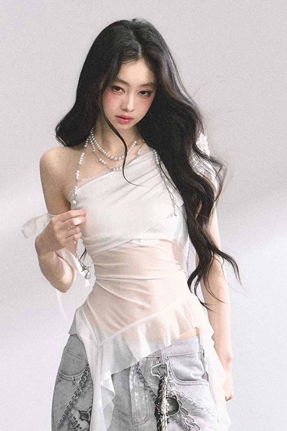 Sexy Skew Collar Mesh Transparent Irregular Shirts