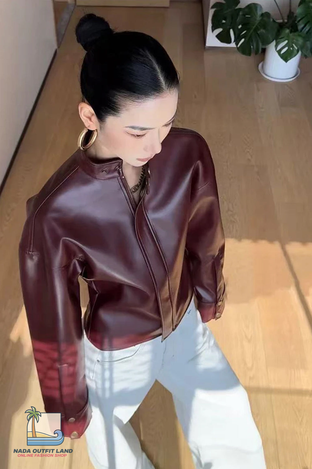 Long Sleeve Stand Collar Wine Red Leather Retro Jacket
