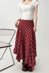 Vintage Two Tone Asymmetrical Plaid Flounce Midi Skirts