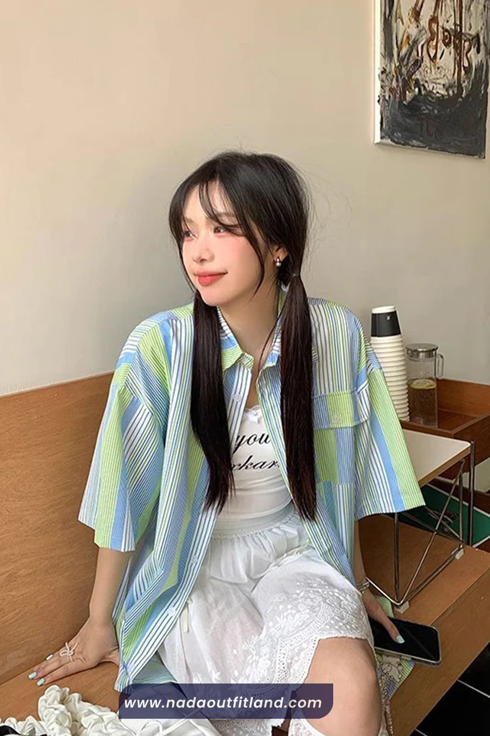 Short Sleeve Retro Green and Blue Striped Blouse Shirt