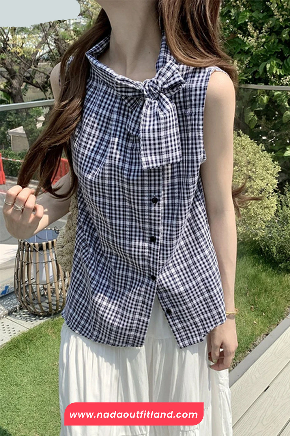 Sleeveless Vintage Plaid Elegant Bow Blouse Shirt