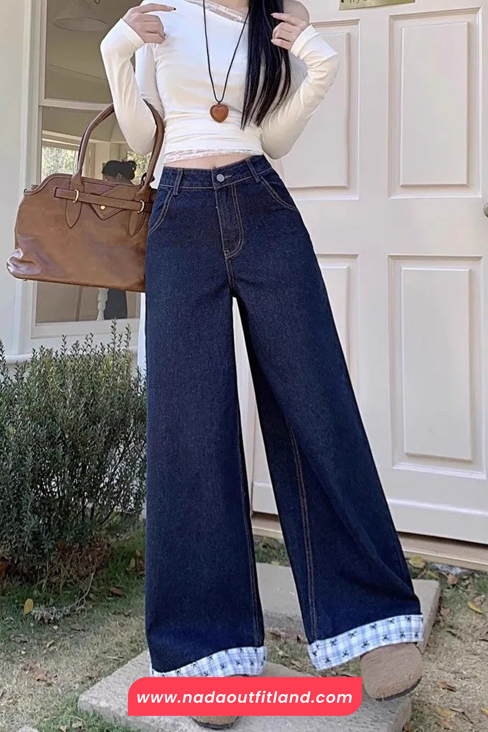 High Waist Bow Plaid Patchwork Jeans Pants