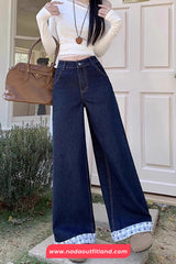 High Waist Bow Plaid Patchwork Jeans Pants