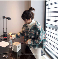 Two Style Plaid Hooded With Turtleneck Sweatshirt