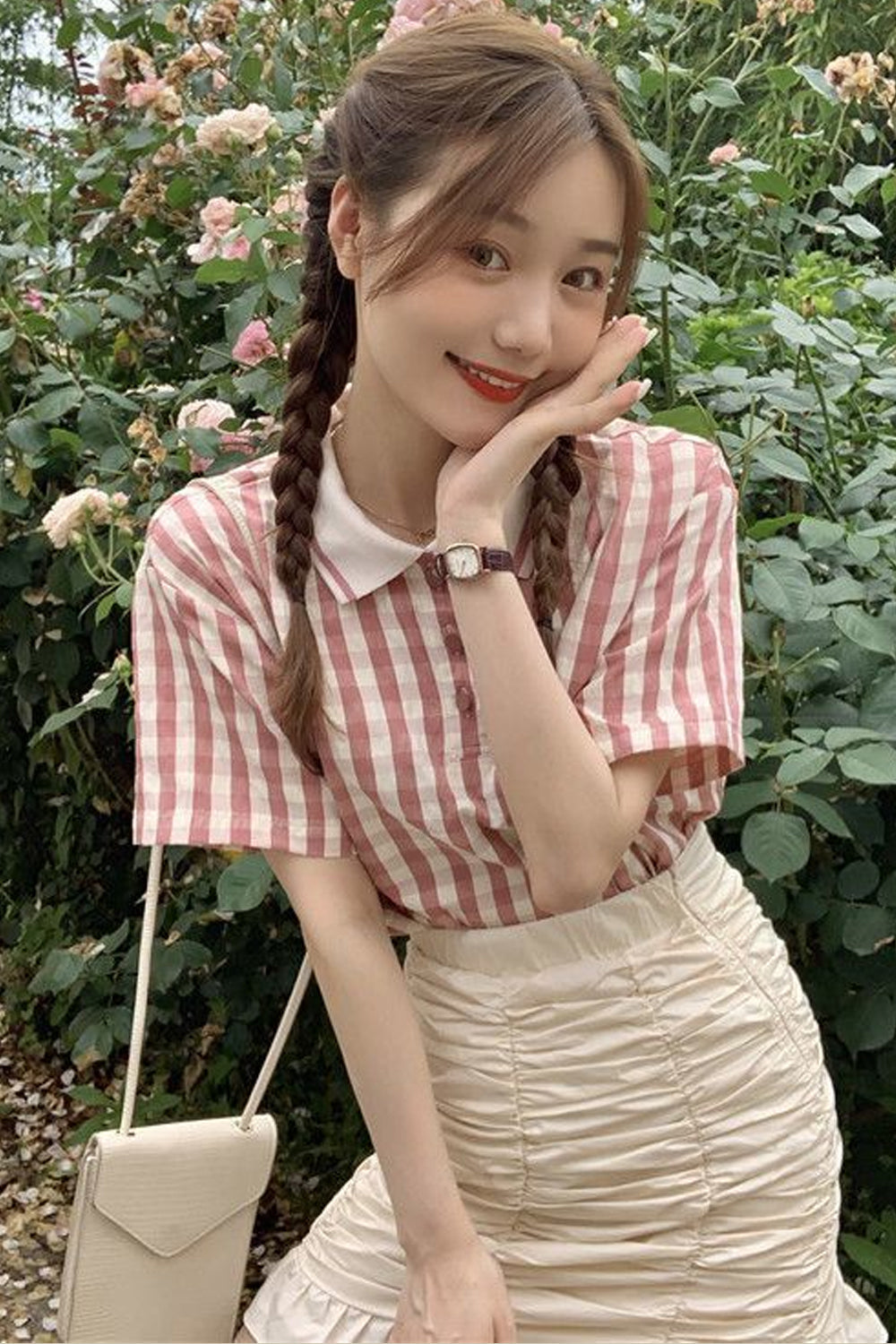 Pink Plaid Turn Down Collar Cute Shirts