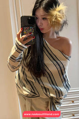 Long Sleeve Slash Neck Striped Casual Shirt
