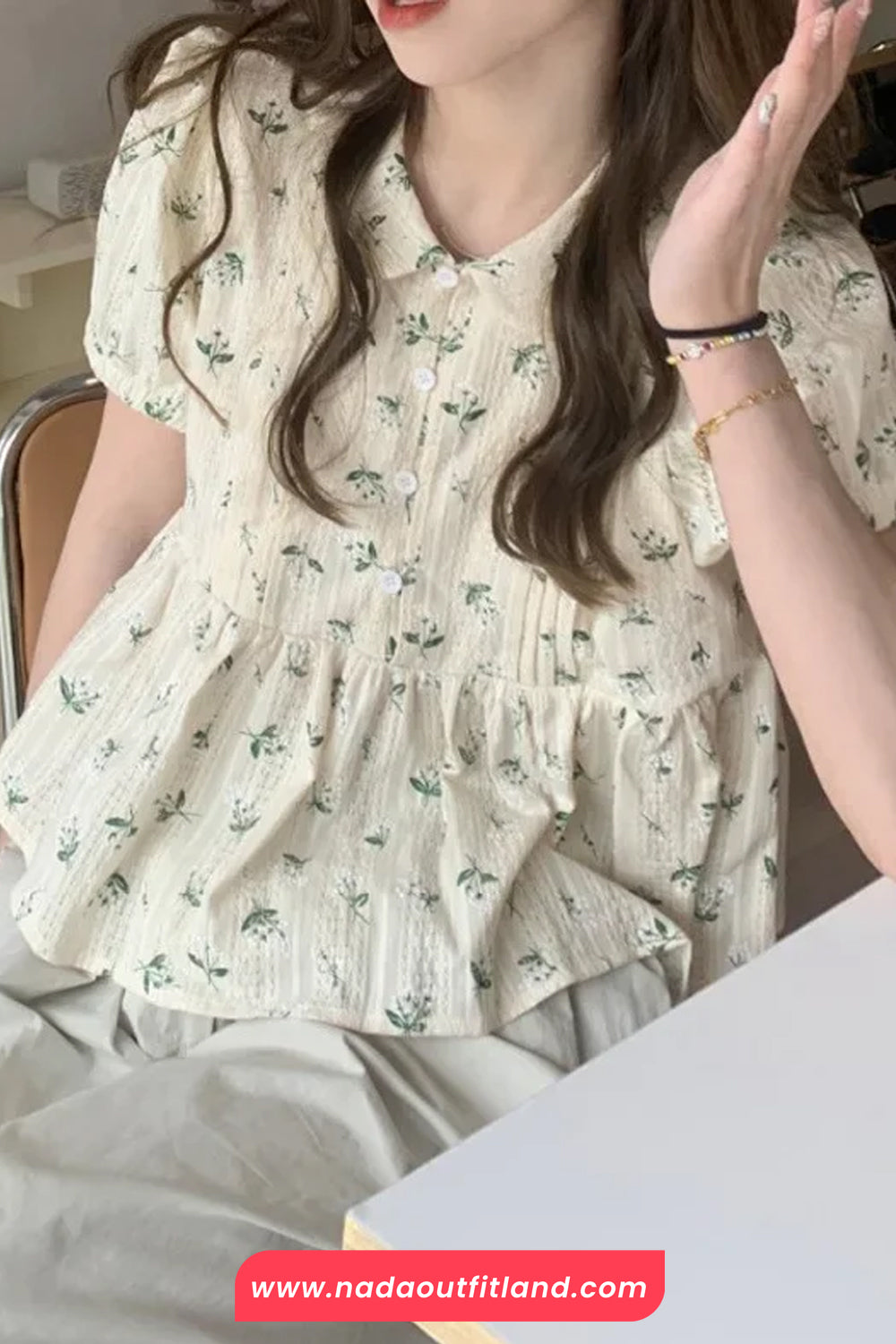 Short Sleeve Floral Pattern Doll Collar Shirt