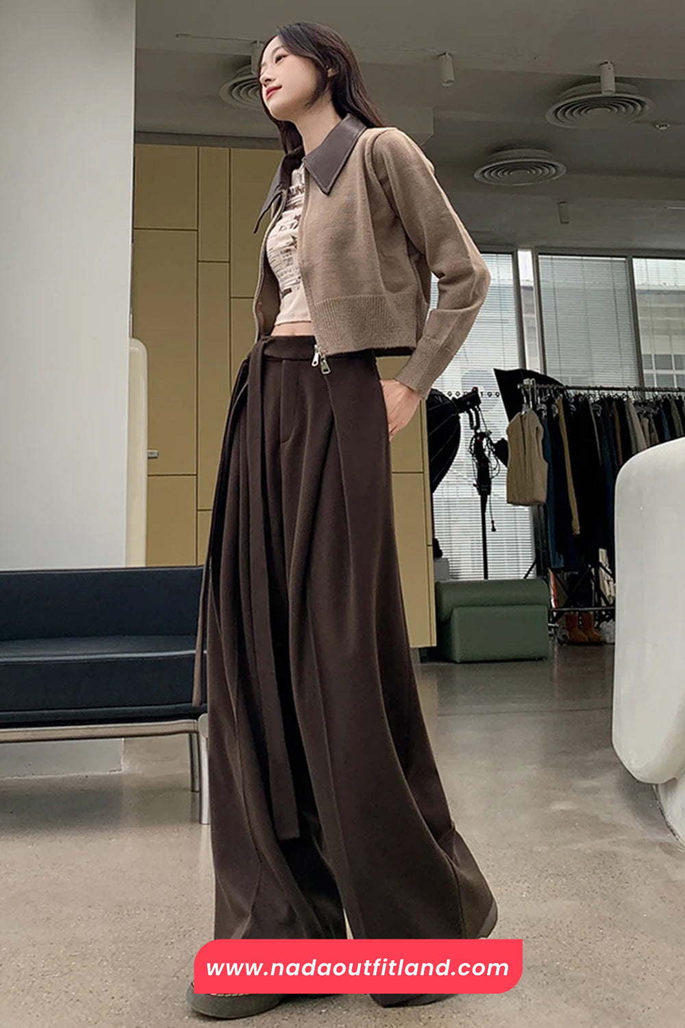 Loose Woolen Lace Up Wide Leg Pants