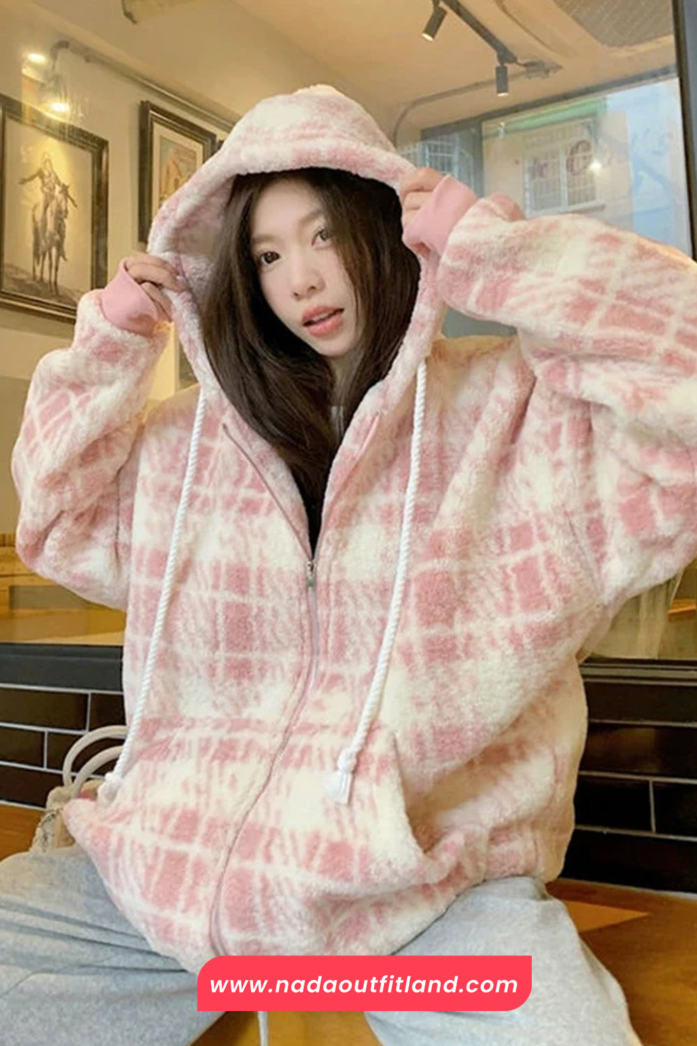 Loose Cute Pink Plaid Hooded Thick Jacket