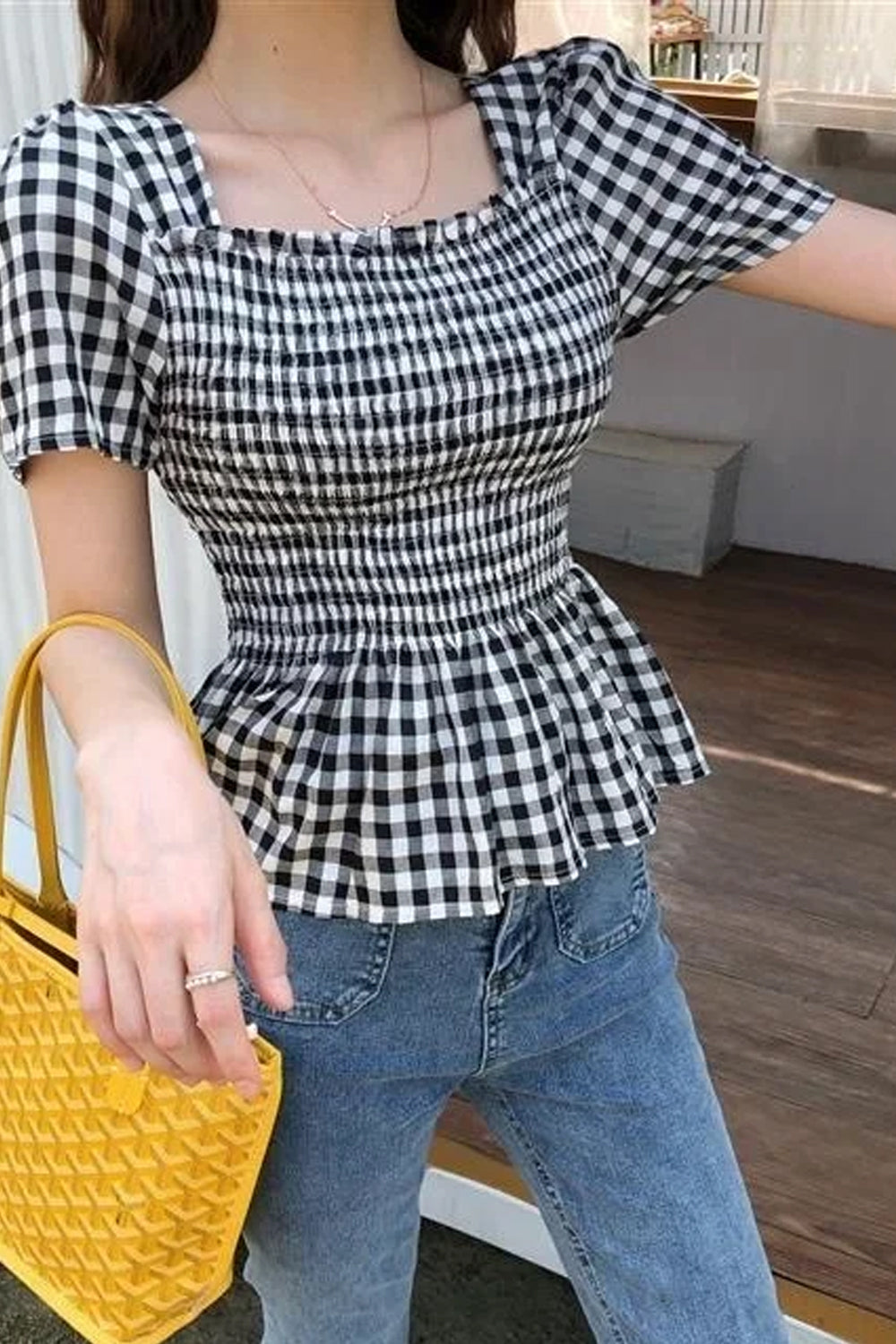 Short Sleeve Square Collar Plaid Blouse Shirts