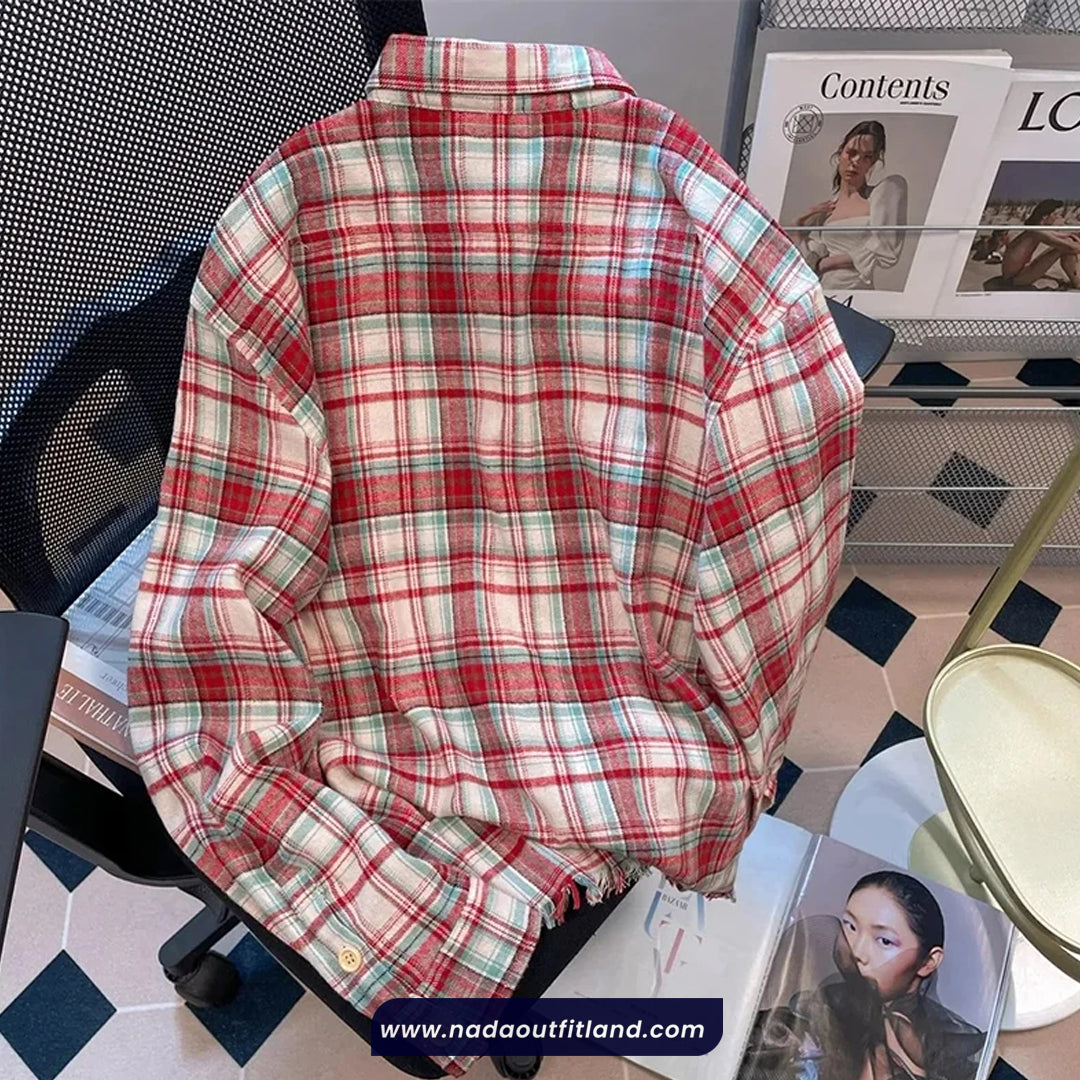 Loose Retro Red Plaid Blouse Shirt