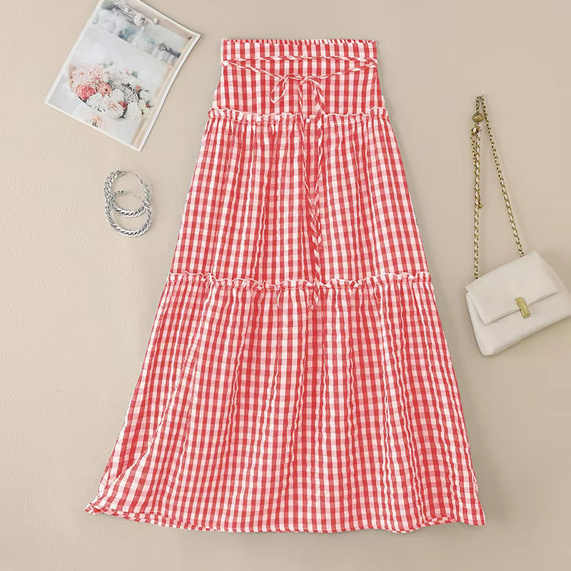 High Waist Lace Ruffled Plaid Maxi Skirts