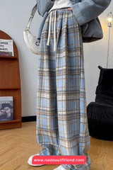 High Waist Retro Thicken Plaid Fleece Long Pants