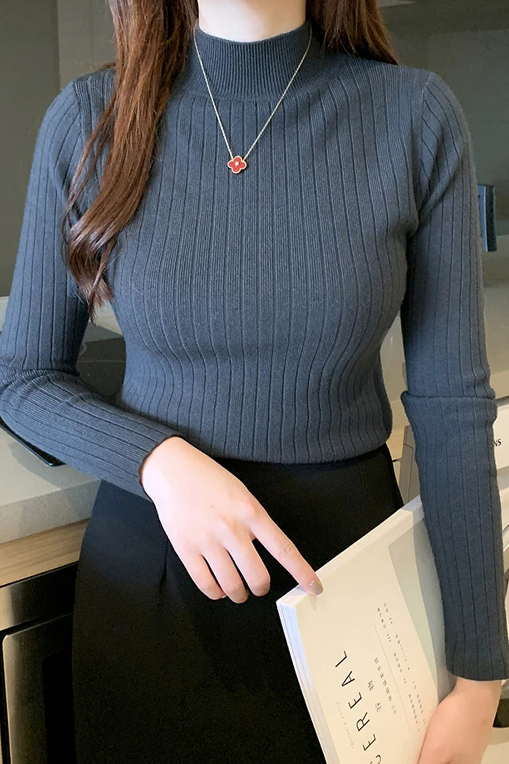 Long Sleeve Semi High Neck Knitted Slim Sweater