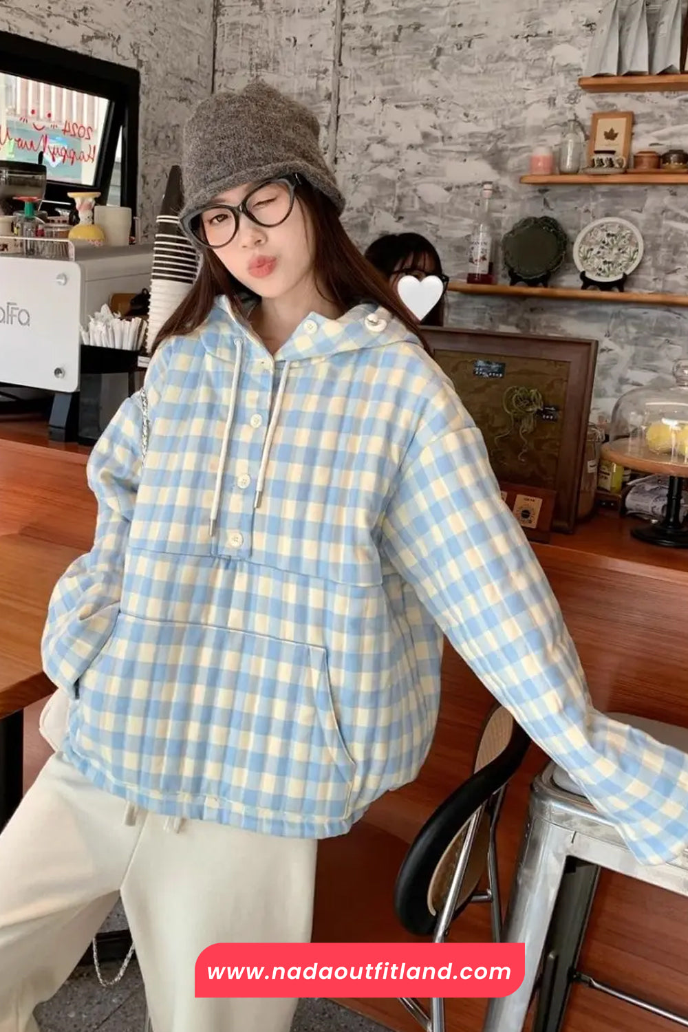 Long Sleeve Blue Plaid Hooded Puffer Coat Jacket