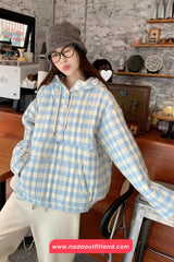 Long Sleeve Blue Plaid Hooded Puffer Coat Jacket