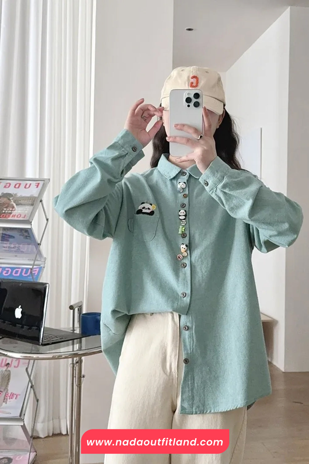 Long Sleeve Cute Panda Embroidered Button Blouse Shirt