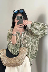 Long Sleeve Flowers Pattern Green Blouse Shirt